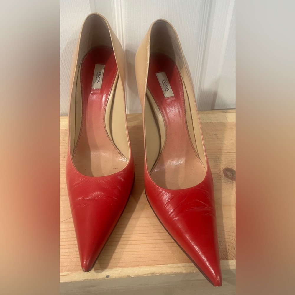 Prada Red and Beige Leather Pointed-Toe Pumps